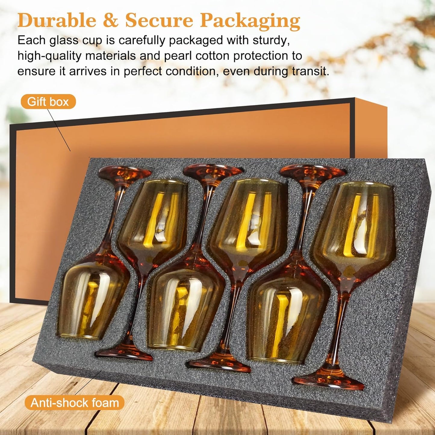 Amber Wine Glasses Set of 6-14oz Long Stem Wine Glass, Pretty Crystal Glassware, Hand Blown Goblets Drinkware, Unique Stemware Wine Glass Holiday Gift Set