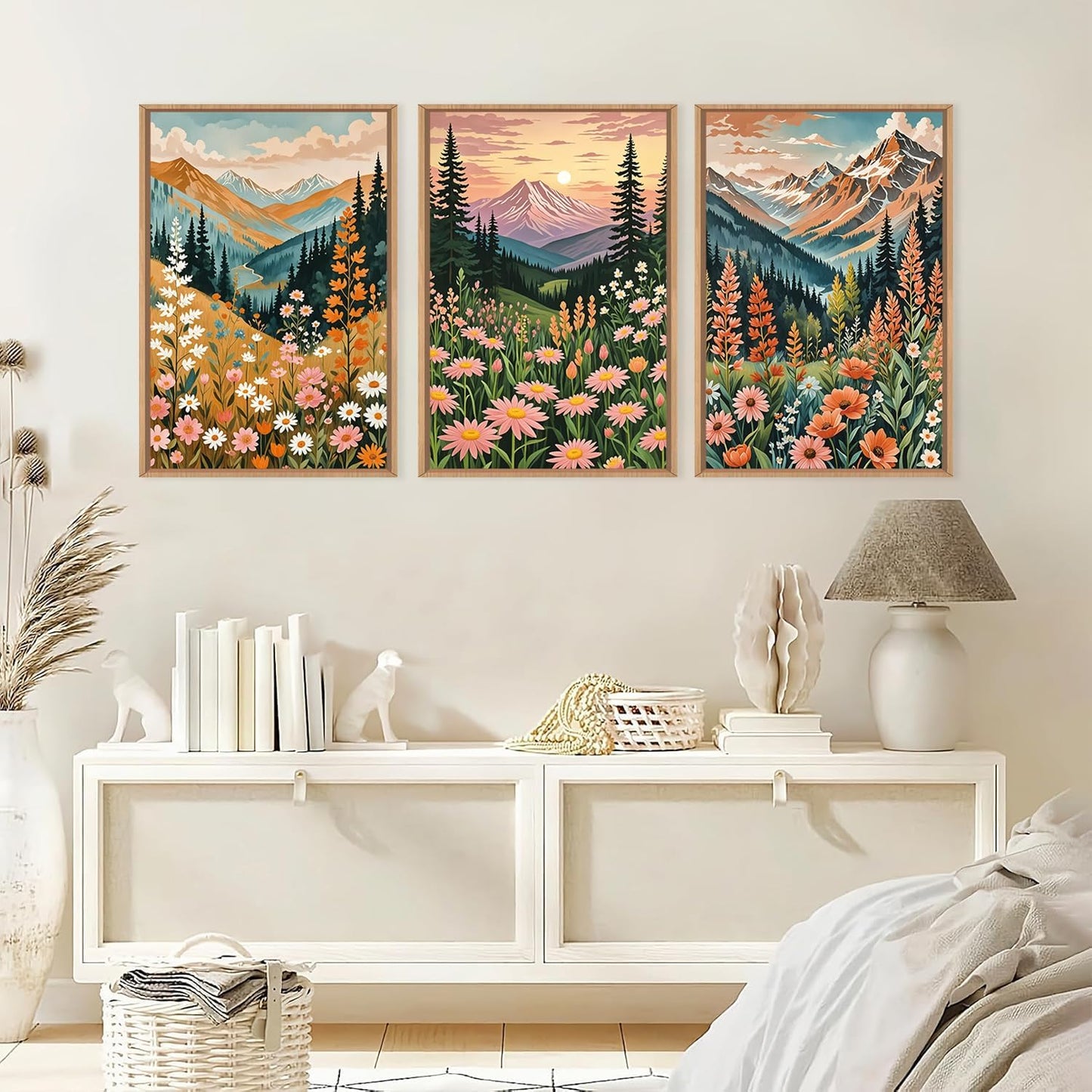 HPINUB Mountain Sunset Floral Framed Canvas Wall Art Set,Colorful Wildflower Daisy Flower Wall Decor,Boho Blossom Botanical Artwork Modern Nature Landscape Art Print for Living Room,Bedroom-16 x24 x3