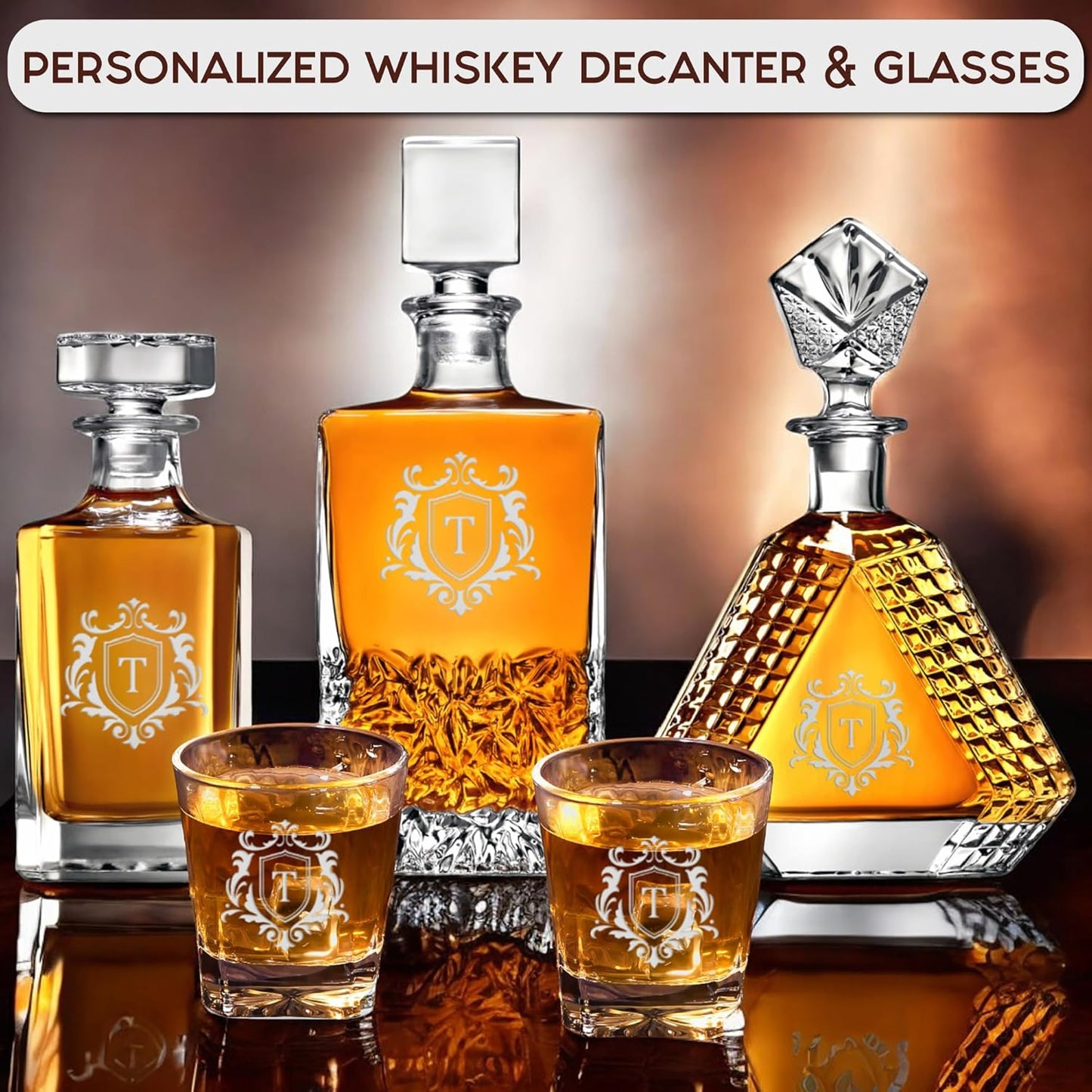 Personalized Triangle Whiskey Decanter Set for Men 650ml Luxury Gift for Groomsman, Liquor Decanters with 2 or 4 Glasses for Birthday, Retirement, Weddings - 24 Engraved Design Options