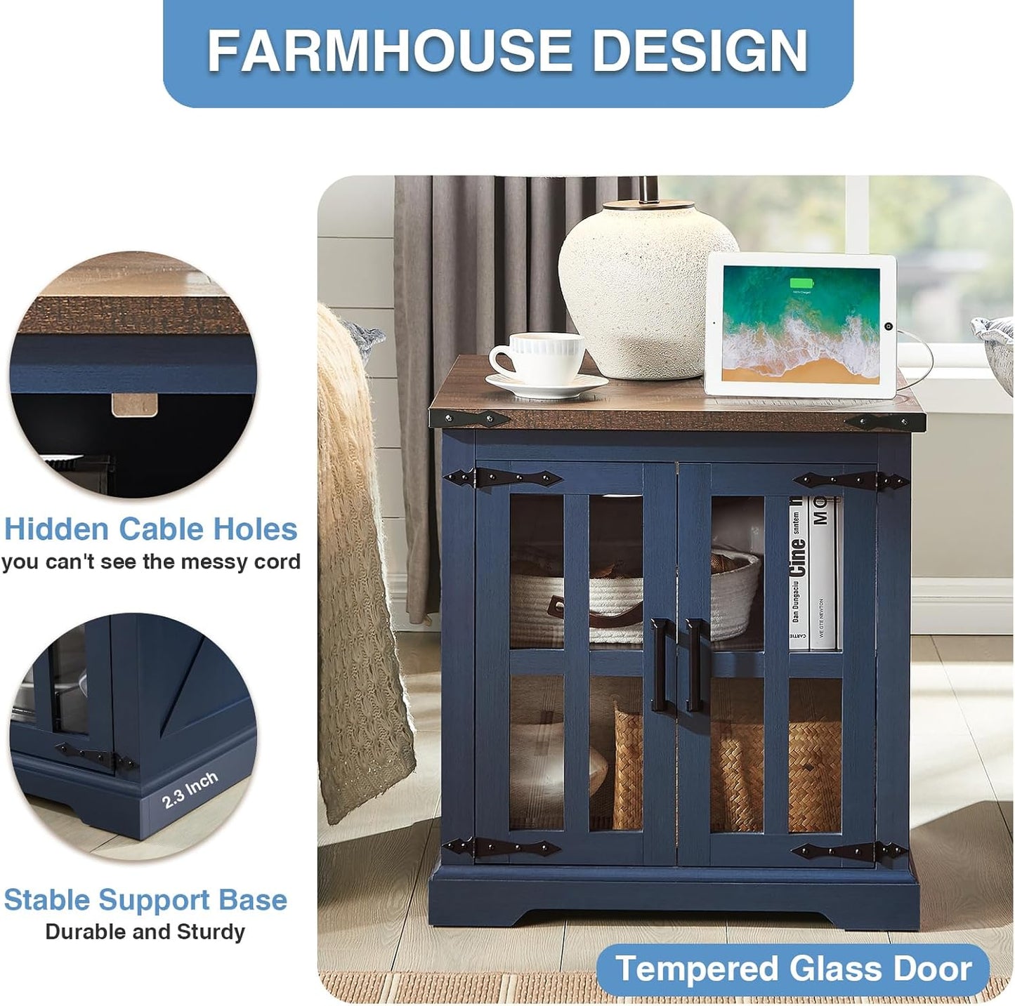 Farmhouse End Table with Charging Station,24" Large Side Table with Glass Barn Door, Rustic Wood Nightstand Bedside Table with Adjustable Storage Shelf for Living Room, Bedroom, Blue,2 Pack