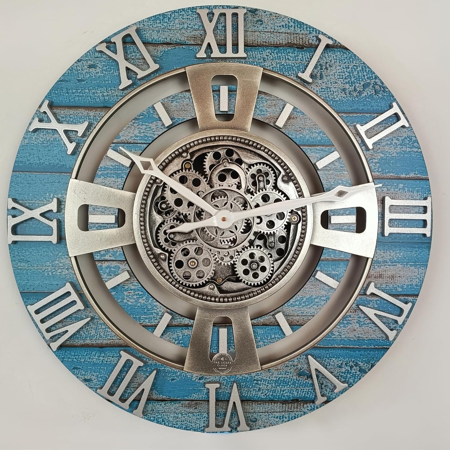 The Gears Clock Real Moving Gear Wall Clock England Line (Ocean Blue, 24 inches (60 cm))