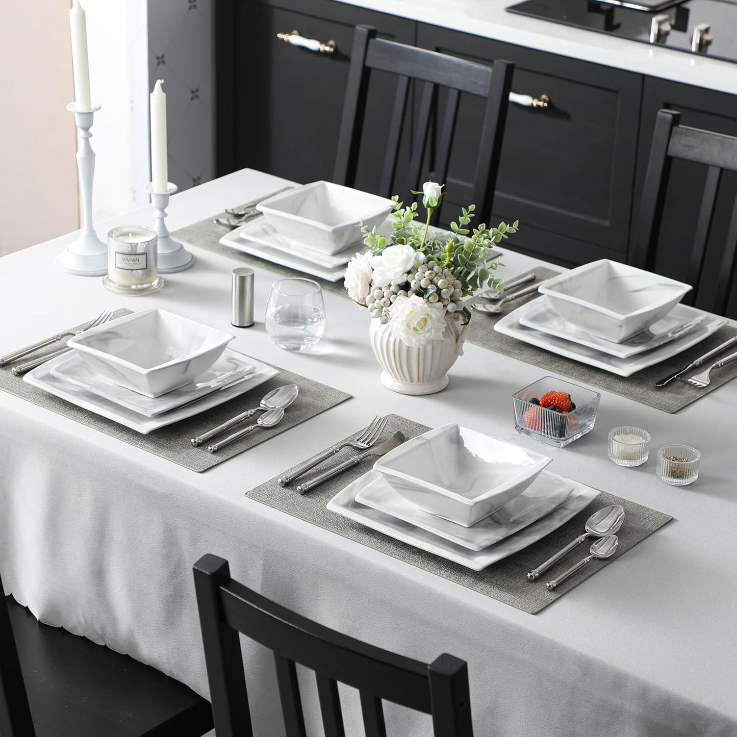 MALACASA Plates and Bowls Sets, 12-Piece Porcelain Dinnerware Sets for 4, Square Plates and Bowls for Dessert, Salad and Soup, Ceramic Dishes Dining Dishware Set, Marble Grey, Series Blance