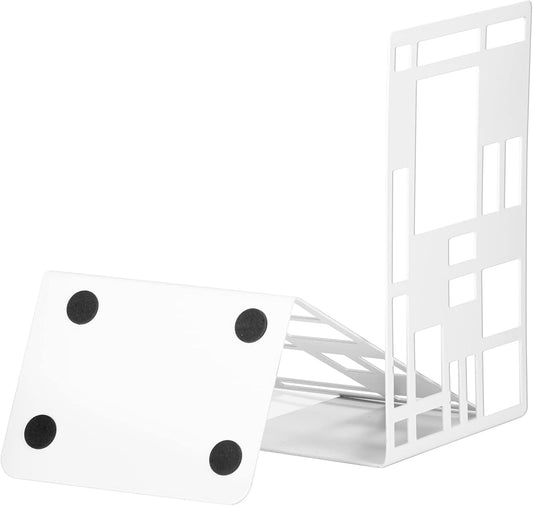 Book Ends, Bookends, Book Ends for Shelves, Bookends for Heavy Books, Book Divider Decorative Holder, Metal Heavy Duty Bookend White 1 Pair, Abstract Art Desgin Book Stopper Supports for Office, Home