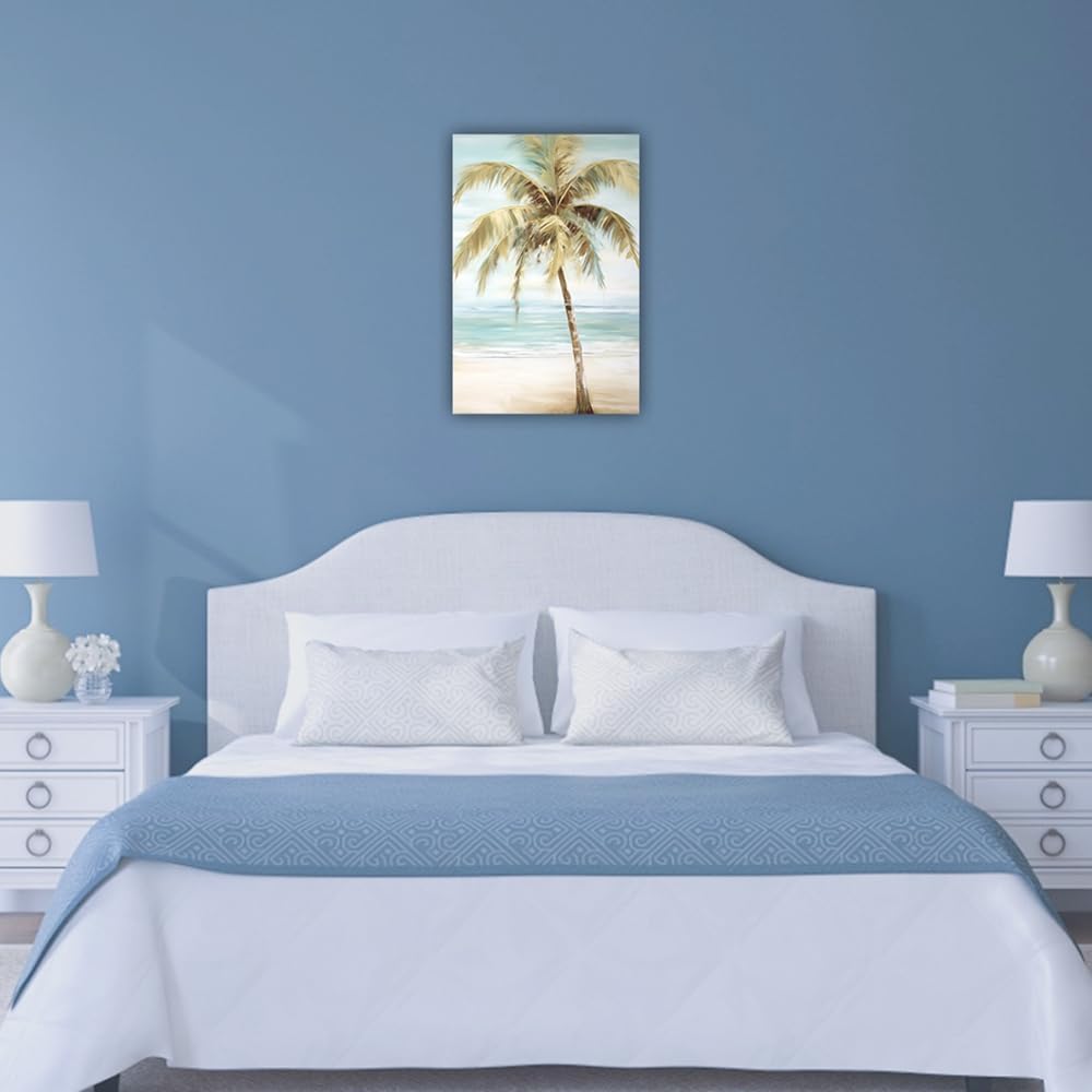 LURENCZH Tropical Beach Canvas Wall Art Seaside Palm Tree Picture Wall Decor Ocean Scenery Painting Prints for Bathroom Decor Framed(Beach-1,20.00" x 30.00")