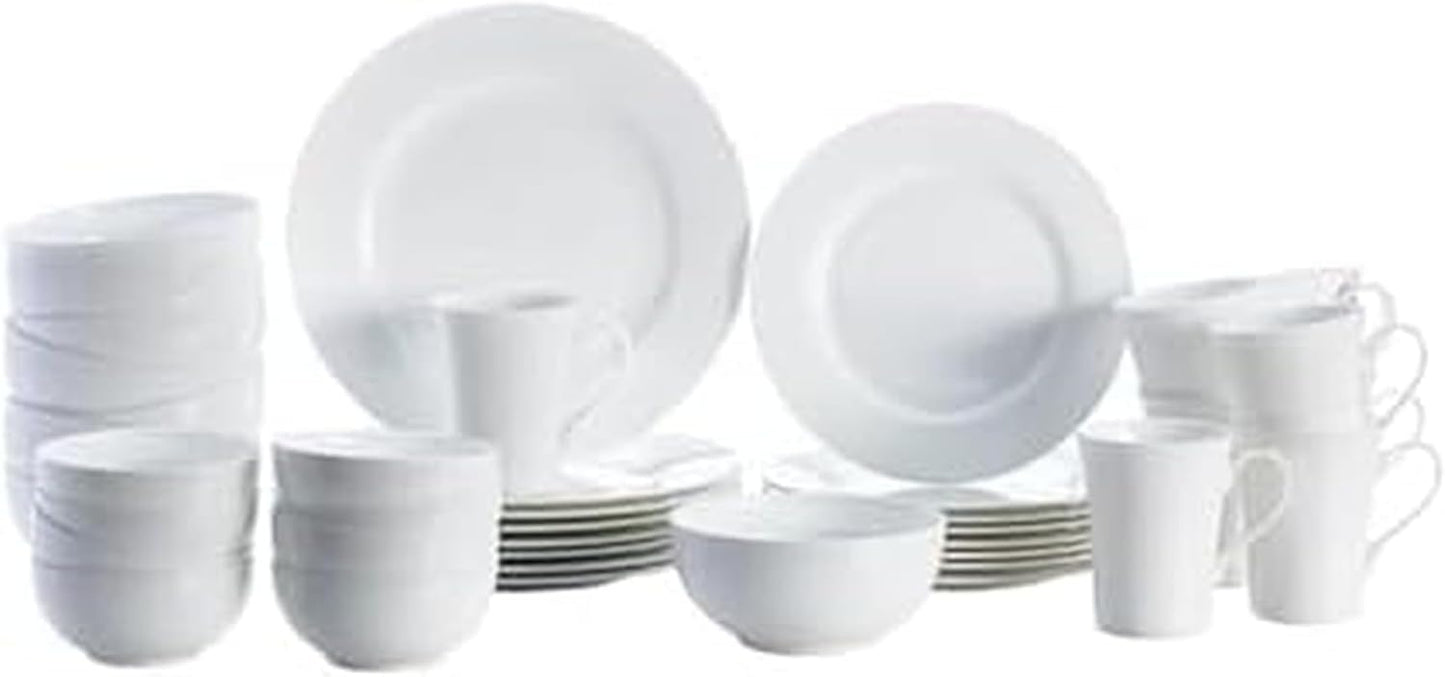 Mikasa Delray 40-Piece White Dinnerware Set, Service for 8, Durable Porcelain Plates, Bowls, and Mugs, Dishwasher and Microwave Safe