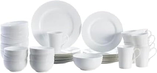 Mikasa Delray 40-Piece White Dinnerware Set, Service for 8, Durable Porcelain Plates, Bowls, and Mugs, Dishwasher and Microwave Safe