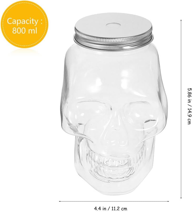 VOSAREA 4pcs Halloween Beverage Bottles Clear Skull Shaped Jar Cups 800ml Plastic Drink Bottles with Screw Straw Hole Lid Party Water Tumbler Skull Beverage Juice Mug