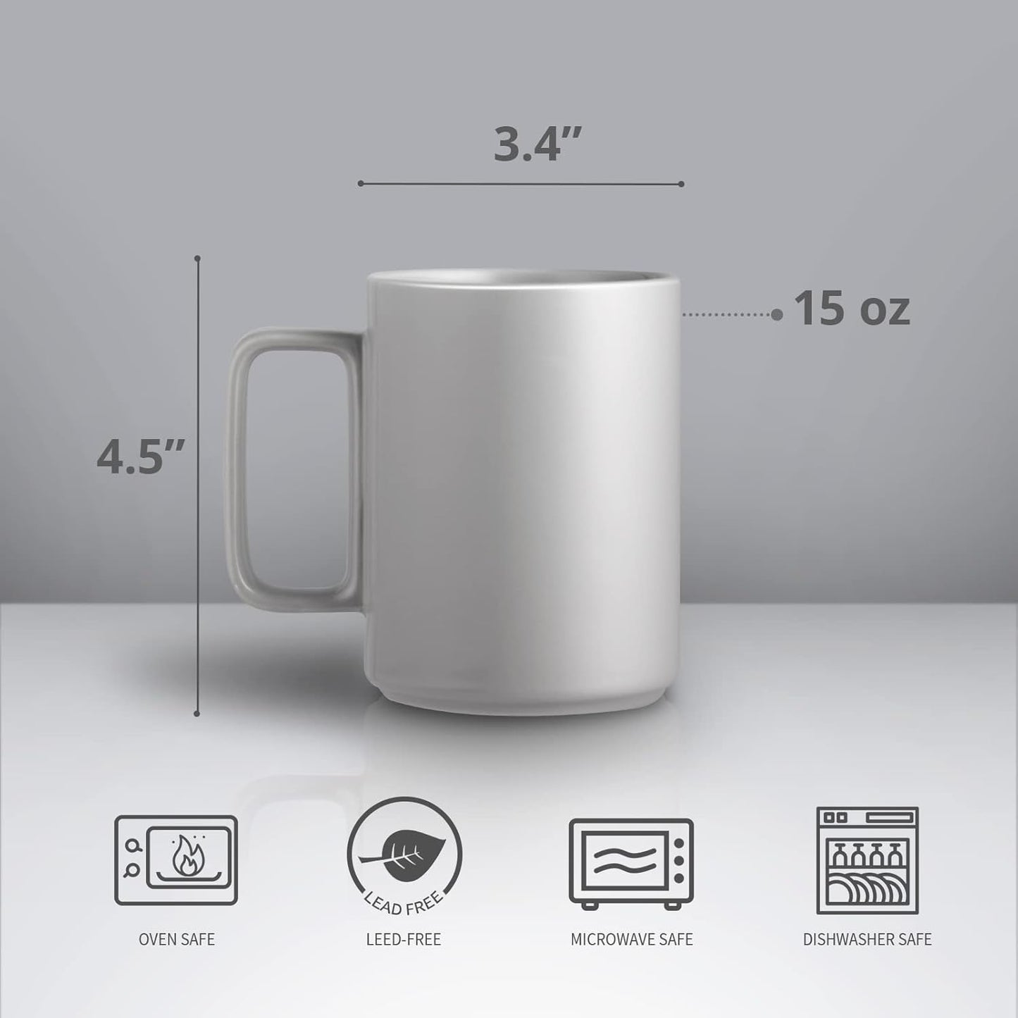 E-liu Porcelain Tea Mugs Coffee Mug Set, Large 15 Ounces Cups for Coffee, Tea, Cocoa, and Mulled Drinks, Set of 6, Grey