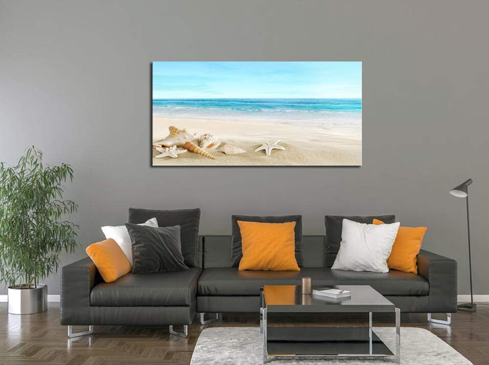 DZL Art S73975 Beach Picture Decor Ocean Painting Canvas Wall Art Prints of Starfish and Seashell on Sandy Seaside Ready to Hang for Living Room Bedroom Office Wall Decor Home Decoration
