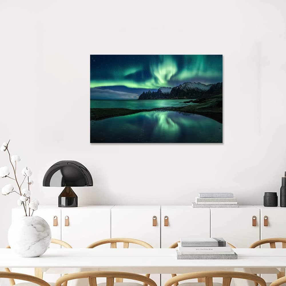 Aurora Borealis Wall Art Painting for Office Bedroom Scenery Landscape Canvas Print Framed Picture Northern Lights Poster Artwork Ready to Hang(16.00"x24.00")