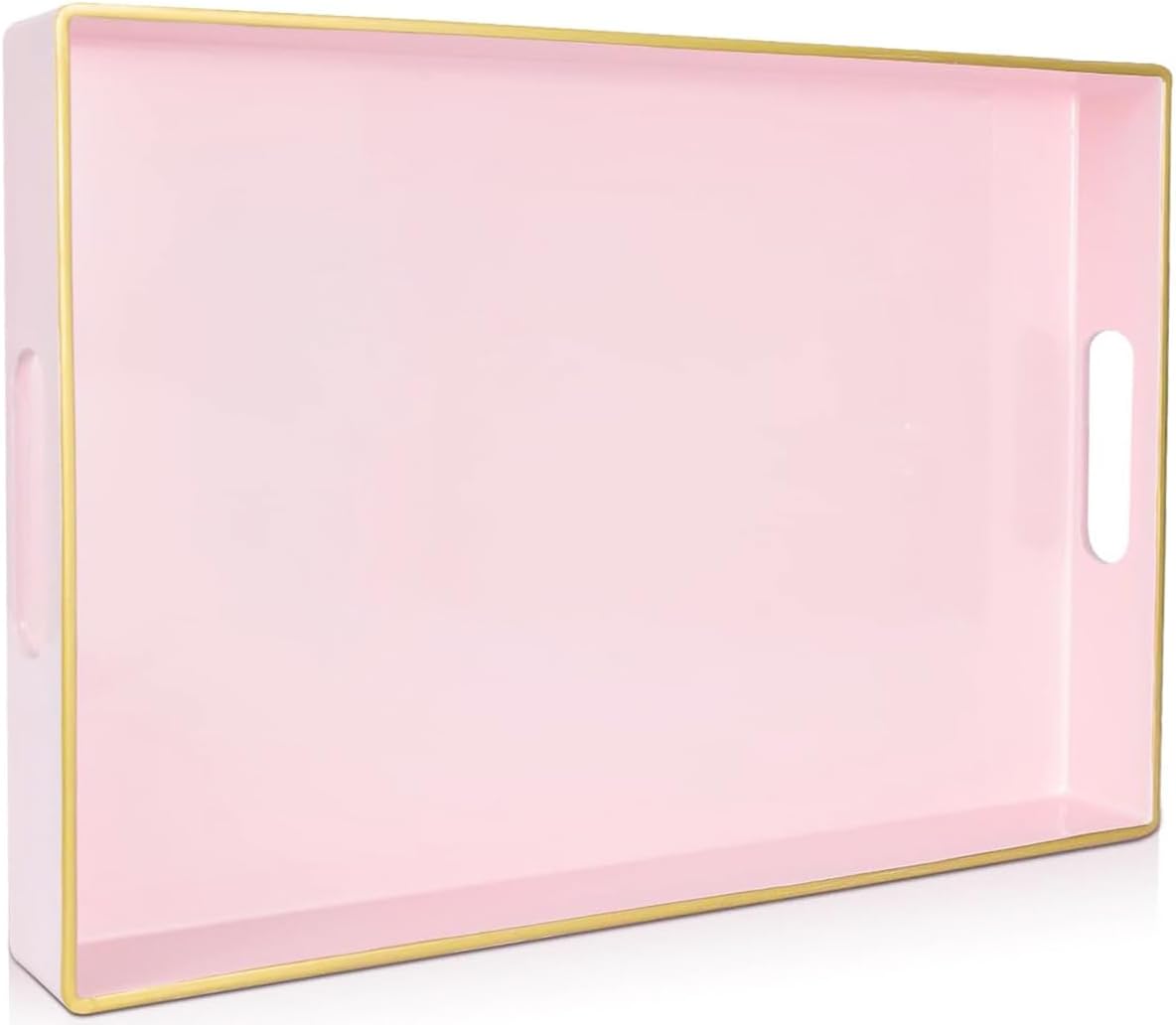 Large Pink Rectangular Decorative Tray – Plastic Serving Tray with Handles for Coffee Table, Ottoman, Living Room, 15.7” x 11.8” x 1.6