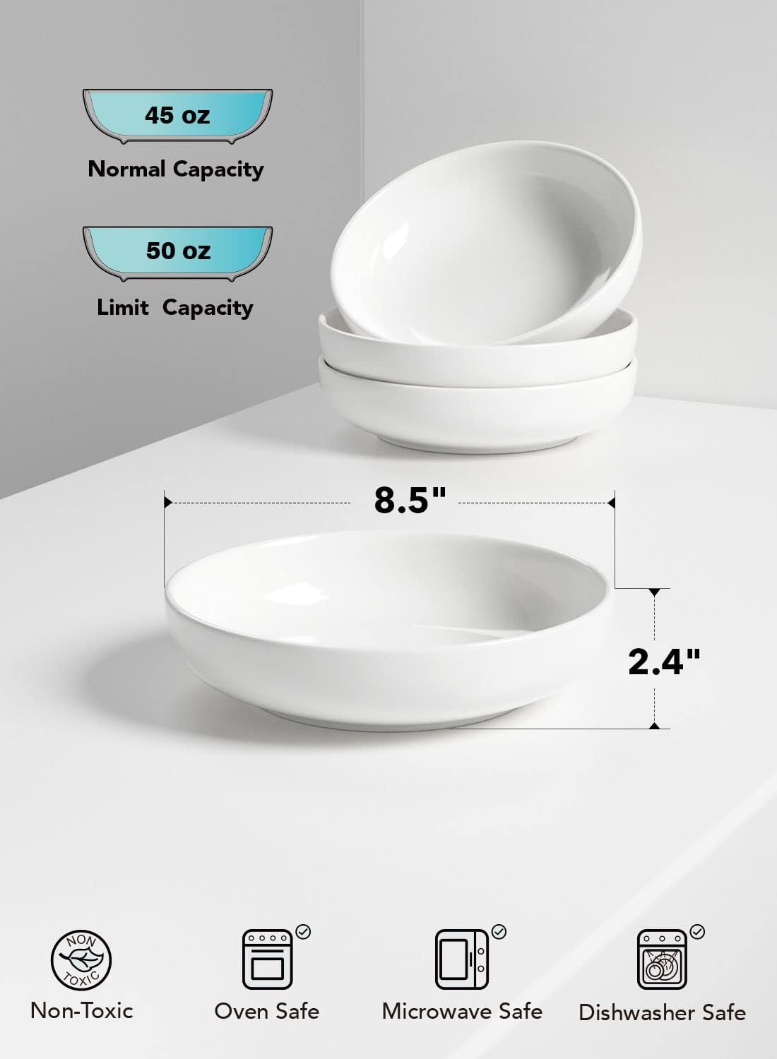 LE TAUCI Pasta Bowls 45 oz, Salad Bowls Set for Serving Soup, Pasta, Noodle, Dinner, Large Kitchen Bowl Plates, Microwave Safe - 8.5 Inch, Set of 4, White