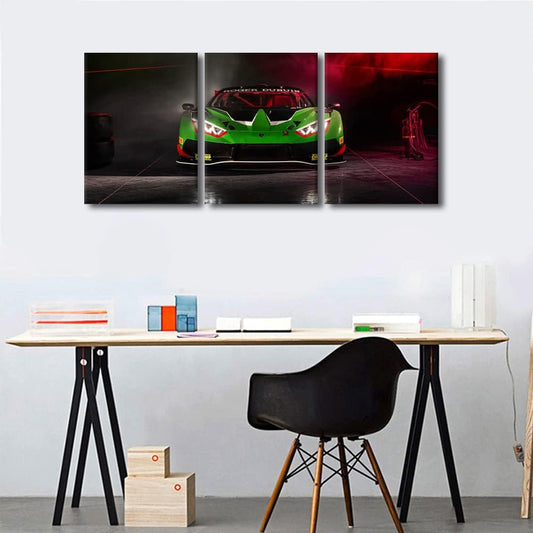 TUMOVO Green Sports Car Pictures for Living Room Supercar Speed Car Canvas Wall Art House Decor Hypercar Modern Office Wall Decor 3 Panels Framed Large Wall Art for Home Teen Boys Bedroom, 36" Wx16 H