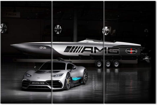 TUMOVO 3 Pieces Car Pictures Wall Art Framed Sports Car in Cool Gray Style Poster Canvas Print Vintage Western Decor for Home Office Living Room Man Bedroom - 40 x 20inch x 3 Panels