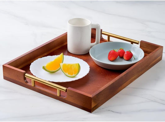 Premium Acacia Wood Ottoman Tray, 17x13 inches Large Serving Tray, Decorative Coffee Table Tray with Metal Handles, Ideal for Breakfast in Bed, Appetizers, Kitchen & Living Room Decor