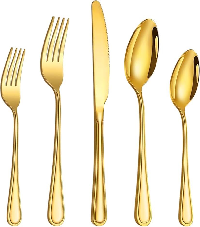 40 Pcs Gold Silverware Set for 8 with Simple Striped Handle Design, Food Grade Stainless Steel Flatware Set, Eating Utensils Sets Include Fork/Knife/Spoon, Cutlery Set, Dishwasher Safe