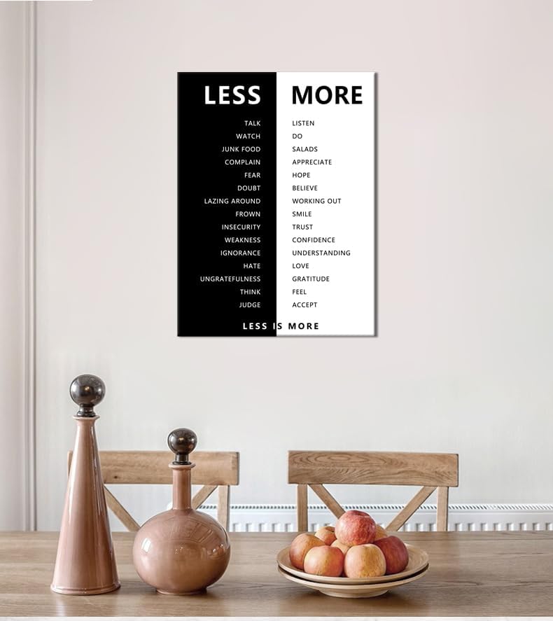 Less is More Motivational Print Wall Art for Office Black and White Inspirational Poster Inspiring Picture Painting Modern Artwork for Home Bedroom Living Room Office Decor Frame[18''W X 24''H]