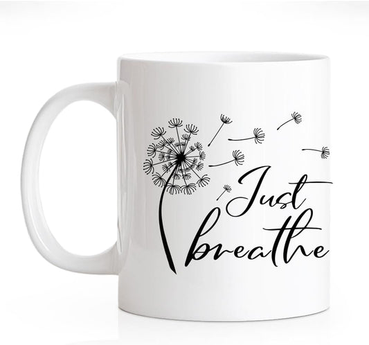 RZHV Just Breathe 11 Oz Novelty Mug, Funny Dandelion Coffee Mug for Floral Lover, Calming Gifts for Yoga Lover, Meditation Mental Health Gifts for Women