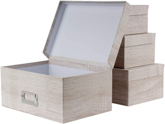 Briful Photo Boxes with Lids - 4 in 1 Set Waterproof Storage Boxes with Handles - Decorative Multiple Size Storage Bins for Clothes/Shoes/Office/Cosmetic/Books