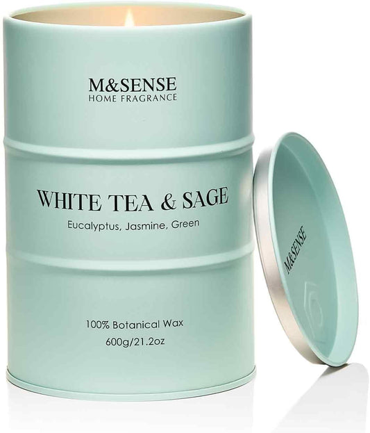 M&SENSE White Tea Sage Scented Candles Large, Natural Soy Candles 21.2oz 120 Hour Slow Burning,Aromatherapy Candle for Stress Relief Meditation Relaxing