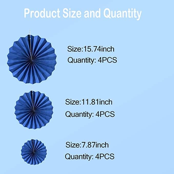 HQZ Blue Party Hanging Fans DIY Set - 12pcs Paper Fans, Pinwheels, Craft for Wedding, Birthday, Christmas Party Decoration
