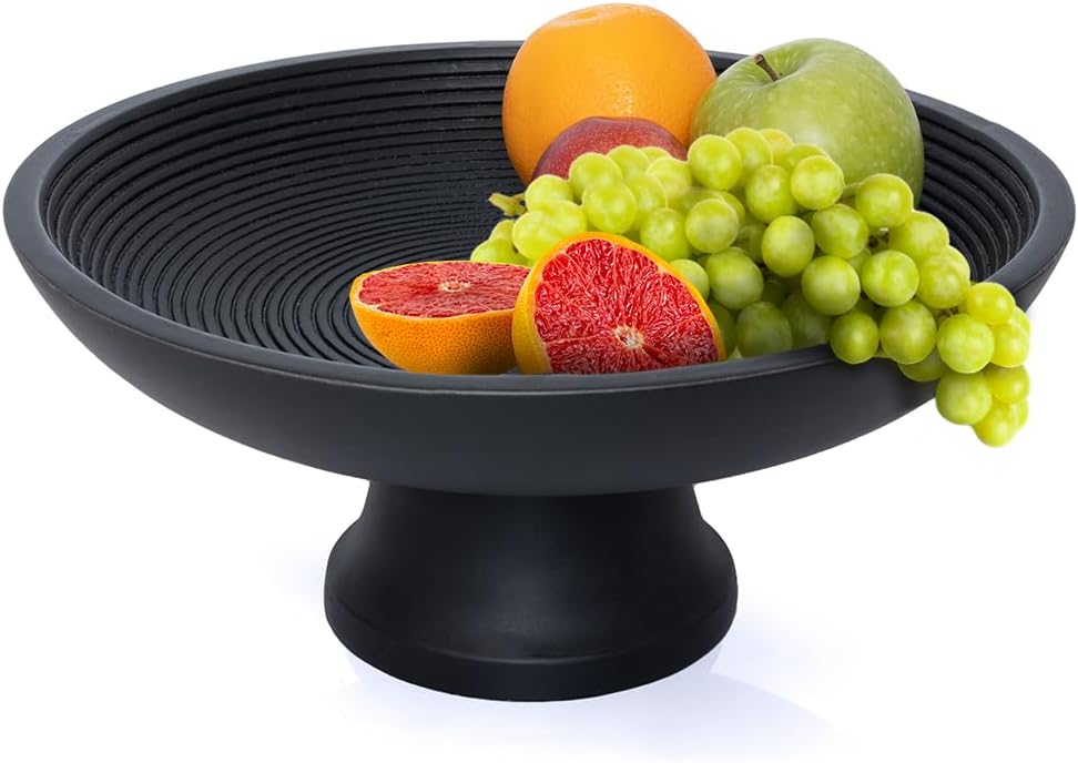 Folkulture Wooden Fruit Bowl for Kitchen Counter | 12" Large Premium Eco Friendly Banana Fruit Basket for Kitchen | Black Wood Bowl with Holder, Pedestal for Table Decor, Centerpiece for Dining Table