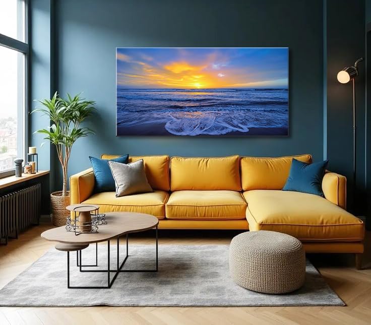 Wall Art Decor Large Sunset Canvas Print Picture Sunrise Ocean Beach Waves Scenery Modern Painting Artwork for Home Office Living Room Bedroom Decoration Framed Ready to Hang, 20x40Inch