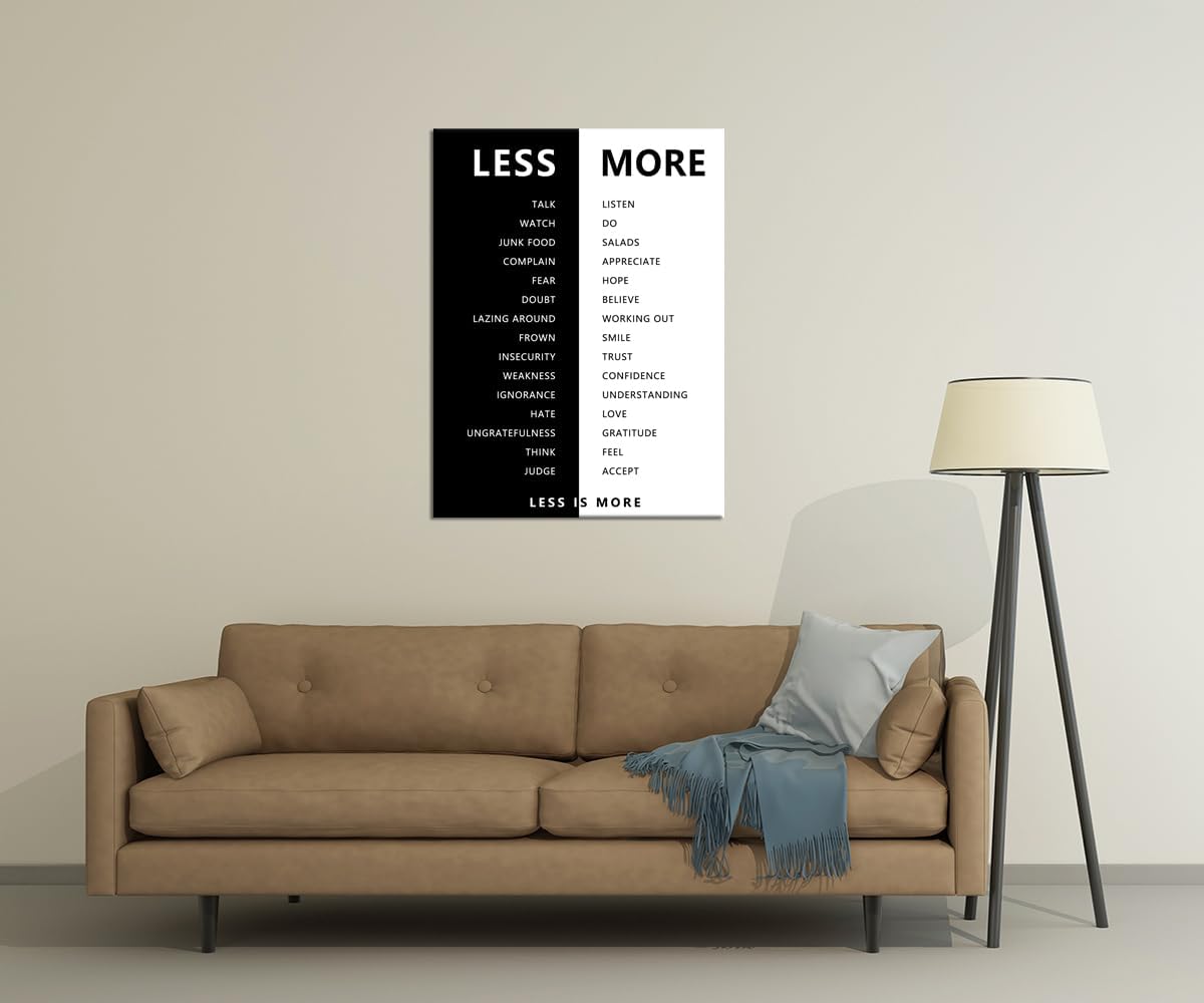 WYJZDZQ8 Inspirational Less is More Poster Motivational Print Wall Art for Office Black and White Inspiring Picture Painting Modern Artwork for Home Bedroom Living Room Decor Frame[30''W X 40''H]