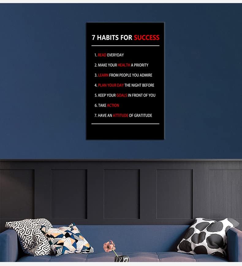 WYJZDZQ8 7 Habits For Success Inspirational Canvas Wall Art Motivational Poster Painting Prints Pictures Inspiring Office Decor Artwork Living Room Gym Decoration Framed Ready to Hang [24''W X 36''H]
