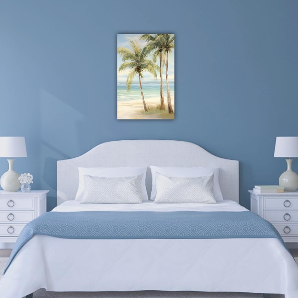 LURENCZH Tropical Beach Canvas Wall Art Seaside Palm Tree Picture Wall Decor Ocean Scenery Painting Prints for Bathroom Decor Framed(Beach-3,16.00" x 24.00")