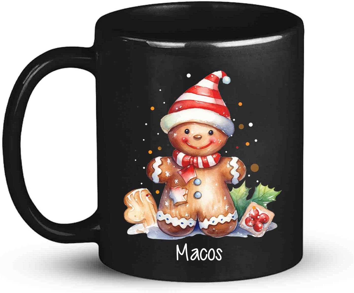 Watercolor Christmas Gingerbread Design Mug, Custom Gingerbread Lover Black Cup, Customized Christmas Coffee Mug With Name, Gift For Boy Girl, Personalized Gingerbread Lover Cup 11oz 15oz