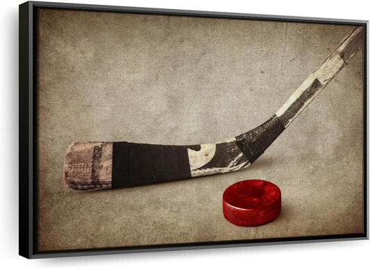 Elephant Stock Vintage Ice Hockey Wall Art - Horizontal Framed Canvas - 1-Piece Hallway Wall Decor - Photography Sports Canvas Print - Brown and Beige Decor for Wall - 25" X 17"