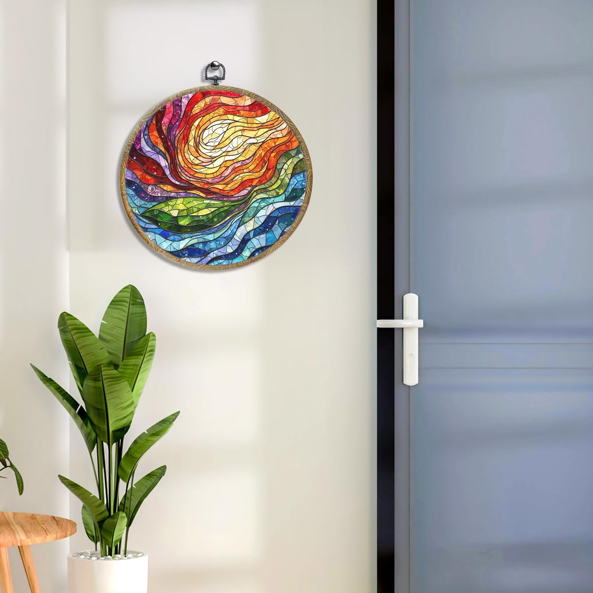 Colorful Boho Rainbow Geometric Spiral Sun Art Gift Framed Round Wall Decor Canvas Wall Art Hanging Prints Artwork for Home Office Bathroom Bedroom Living Room Decorations 10.2X10.2 Inch