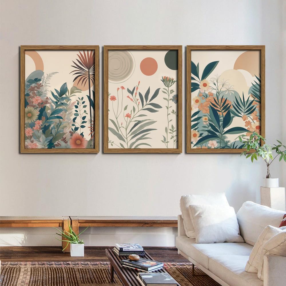 Marllifenney Wood Framed Orange Plants Canvas Wall Art Set of 3 Boho Botanical Wall Decor Abstract Floral Poster Modern Nature Prints Painting Picture for Living Room Bedroom Kitchen Office 12x16in