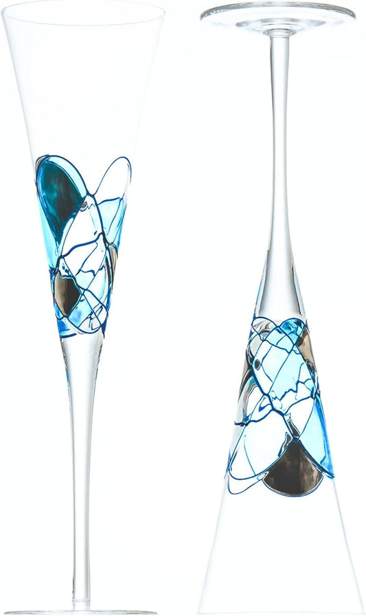 Victoria Barcelona Champagne Flute Set of 2 – 7.5 oz Mouth-Blown Turquoise Sea Glass | Hand-Painted, Gaudí & Murano Inspired | Artistic Unique Gift Ideas for Her or Him