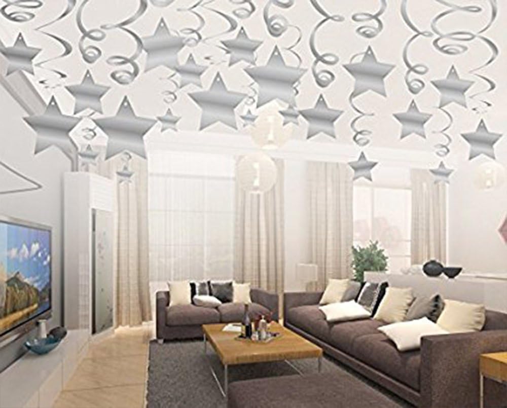 Party Swirl Decorations, Hanging Swirl for Ceiling Decorations, Silver with Star, Pack of 30