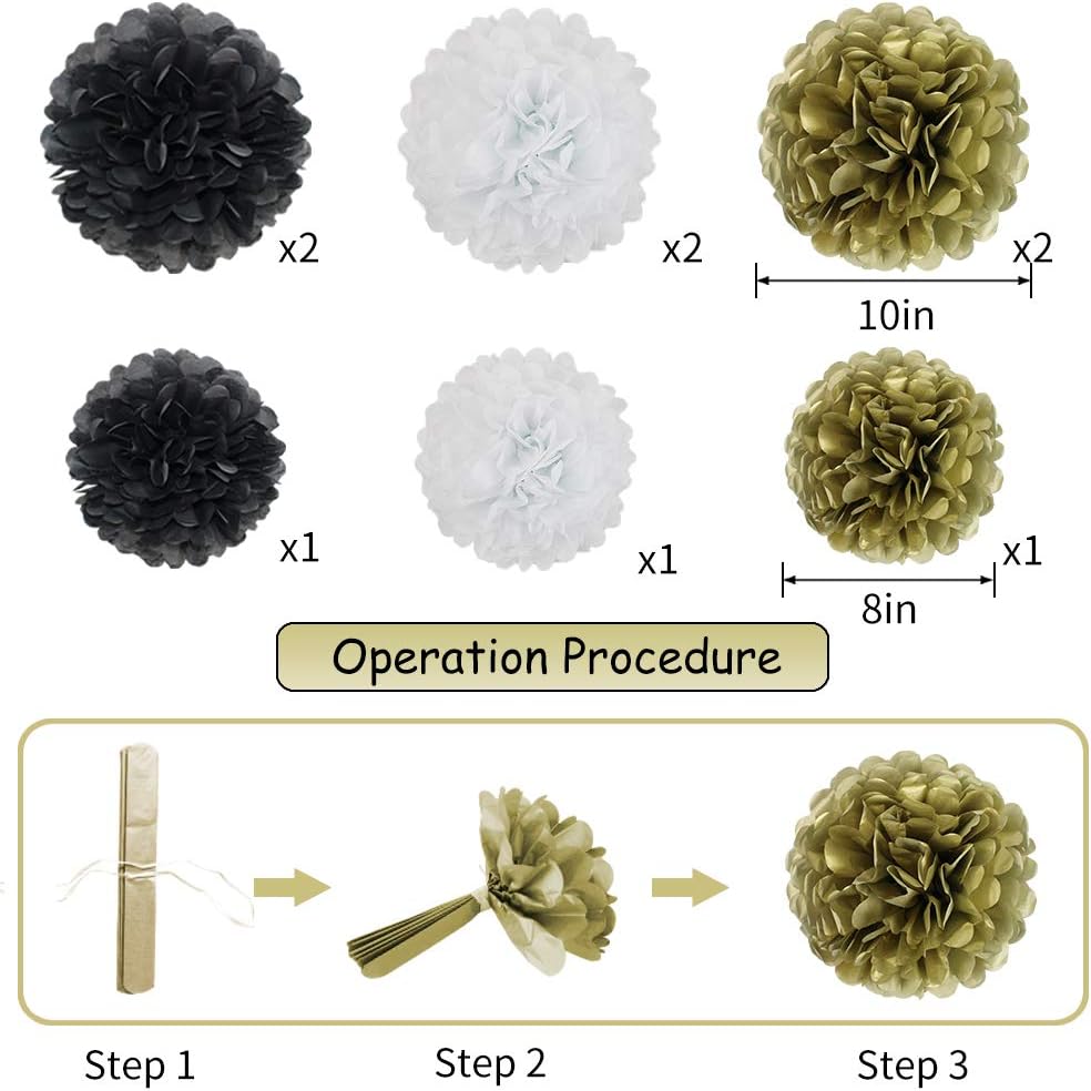 Black Gold Party Decorations, Black Gold Paper Lanterns and Pom Poms Flowers for Birthday Party Graduation Masquerade New Years Party Decor 15PCS