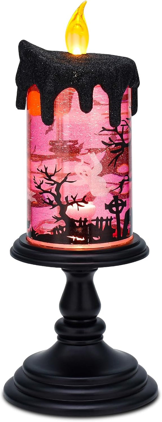 Halloween Snow Globe Candles Lighted Lamp, Lighted Flameless Candles with Water Glitter Swirls and Spooky Moving,Battery Operated