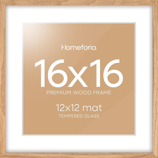 Homeforia 16x16 Picture Wood Frame, High End Natural Oak 16 x 16 Square Light Wooden Frames with Mat 12 by 12 inch Photo, 16by16 Poster Frames Matted to 12x12 Print, Tempered Glass, Wall Kit, Set of 1