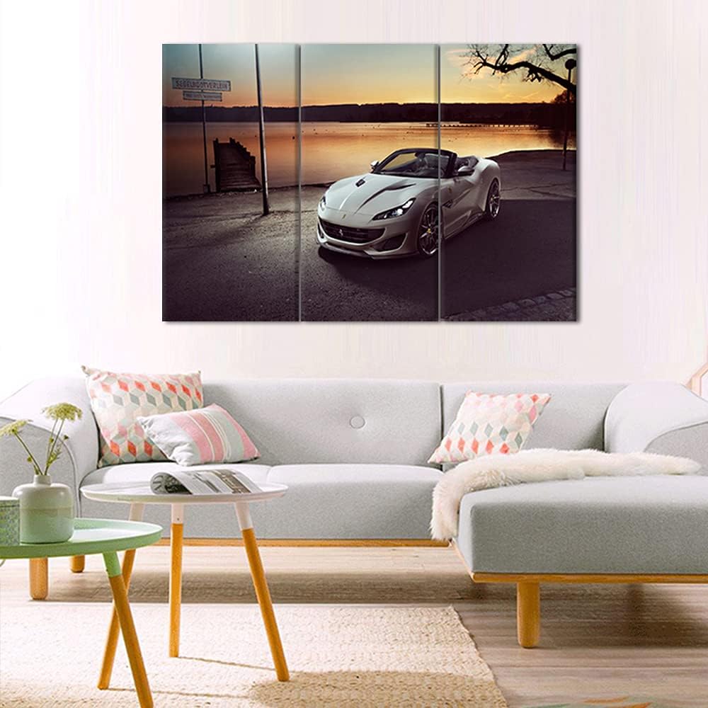 TUMOVO Pier Landscape Canvas Wall Art Framed White Boys Fast Car Cool Sports Poster 3 Pieces 3D Diamond Print Painting with Frame and Stretched Ready to Hang - 28 x 14inch x 3 Panels