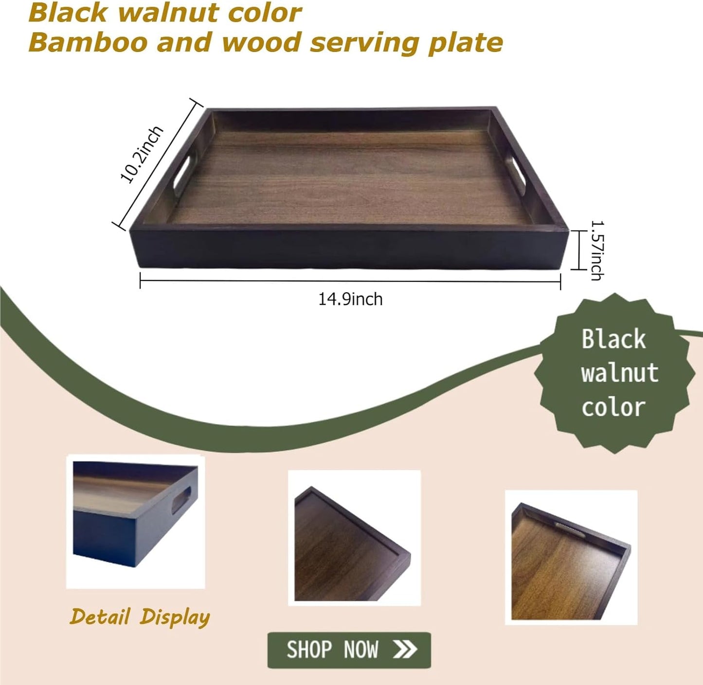 Large Bamboo Wooden Tray with Handles, Rectangular Natural Solid Wood, Black Walnut Color Serving Tray Suitable for Kitchen,Bedroom,Coffee, Party Bars. (14.9x10.2x1.57 inches)