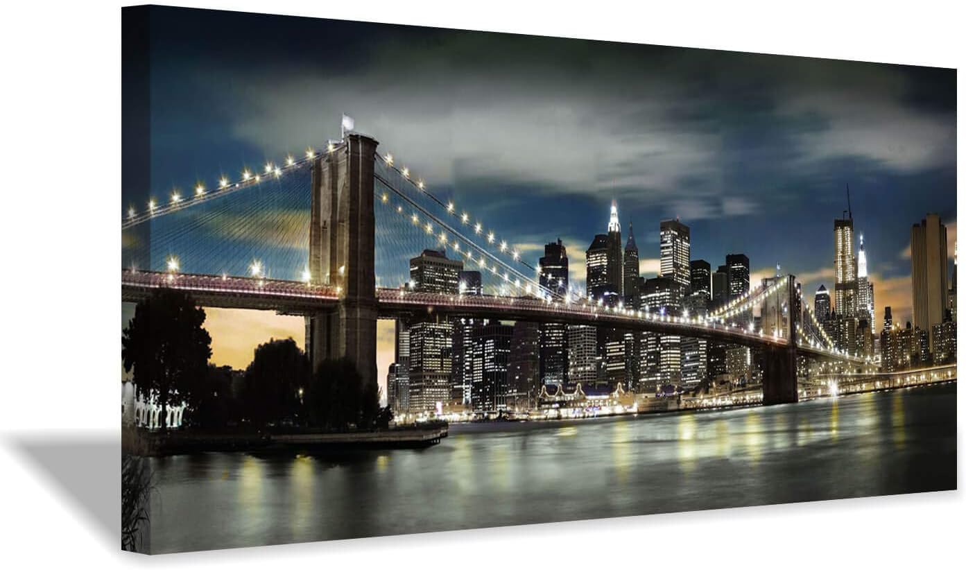 Brooklyn Bridge Canvas Wall Art: Skylines Reflections in New York Artwork for Office Living Rooms(40”x20”)