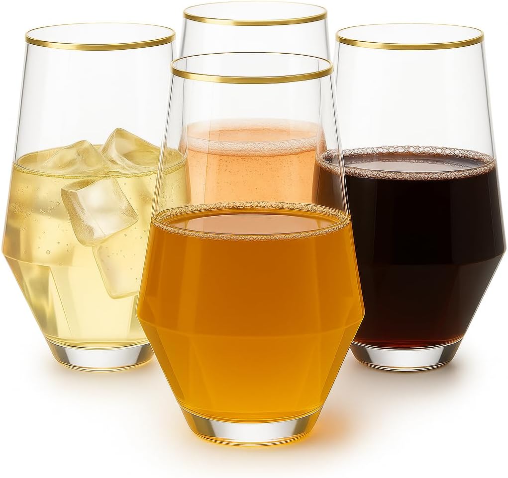 48 Pack Diamond Unbreakable Stemless Plastic Wine Stemless Toasting coacktail Glasses, Durable 9 Oz BPA-Free Disposable Champagne Flutes for Weddings, Bars, Events, and Celebrations (Diamond Gold Rim)