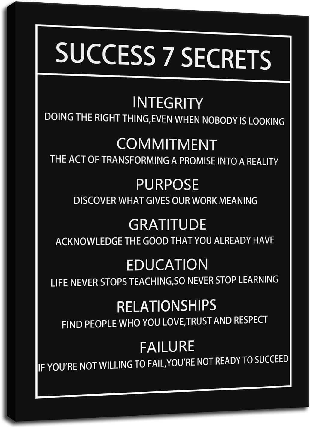 Success 7 Secrets Motivational Canvas Wall Art for Office Inspirational Poster Print Artwork Painting Picture for Framed Home Decoration Living Room Bedroom Ready to Hang [18''W X 24''H]