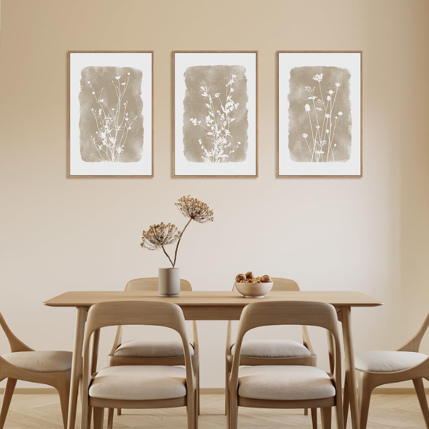 HPINUB Large Boho Wildflowers Canvas Framed Wall Art Set,Minimalist Vintage Flower Wall Decor,Beige Floral Botanical Artwork for Living Room Bedroom,Dining Room,Office -16"x24"x3