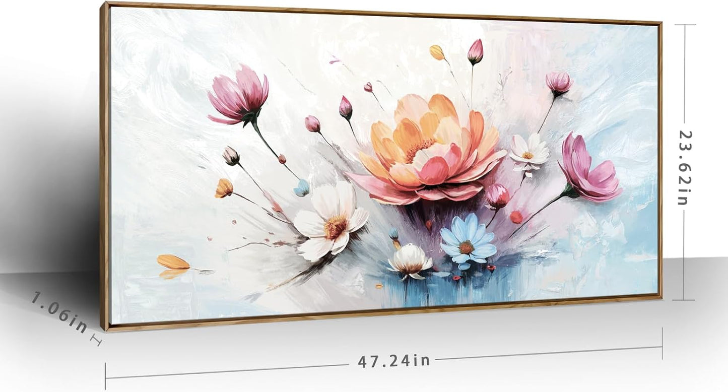 amatop Framed Floral Canvas Wall Art Picture Large Pink Blue Abstract Bloom Bouquet Print with Daisy Peony Elegant Botanical Nature Artwork for Living Room Bedroom Dining Room Entryway Decor 48x24 inch
