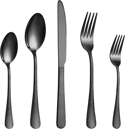 20 Pcs Black Silverware Set for 4 with Hammered Design, Food Grade Stainless Steel Flatware Set, Eating Utensils Sets Include Fork/Knife/Spoon, Cutlery Set, Dishwasher Safe