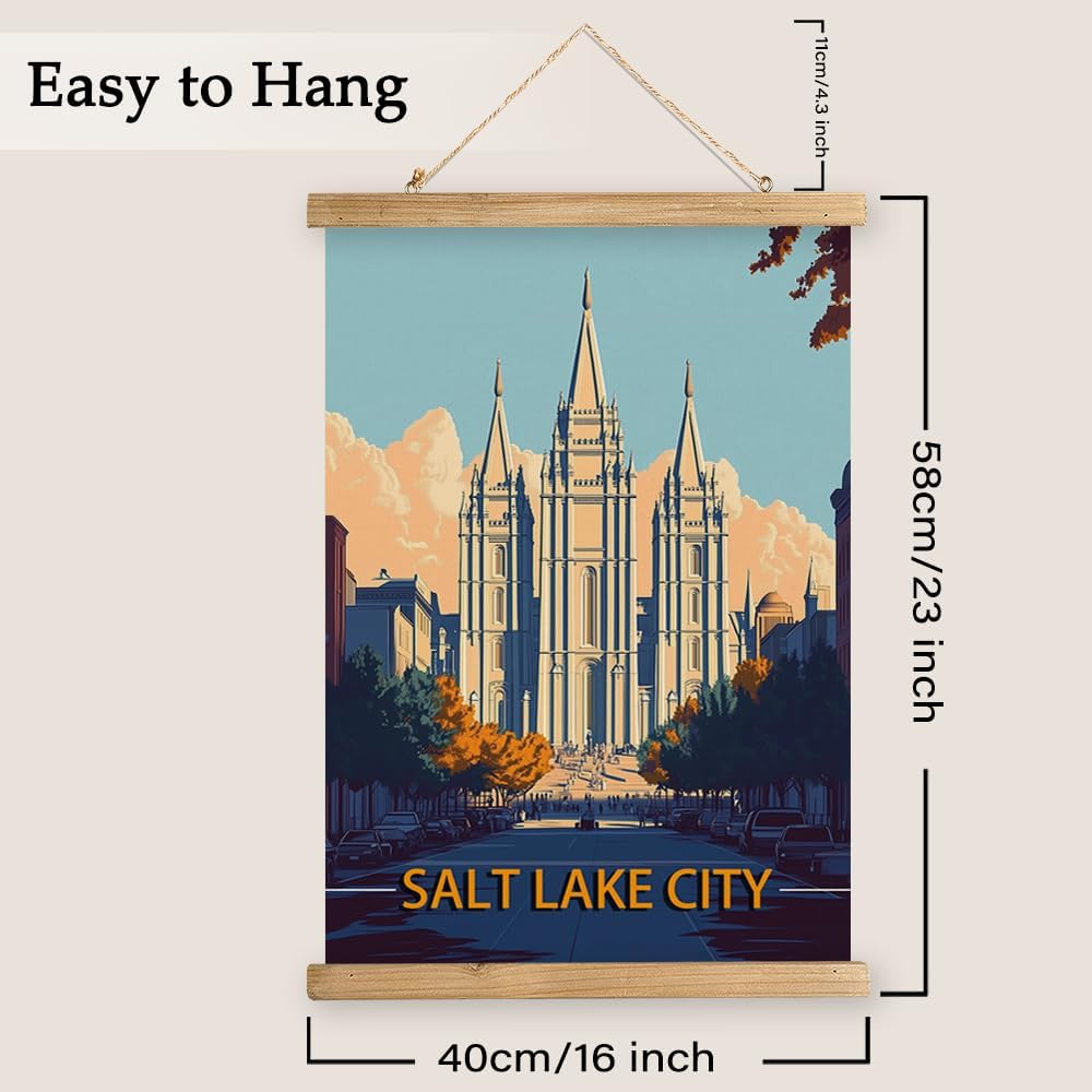 WREVERW Vintage Salt Lake City Poster Canvas Print with Wooden Hanger Frame, Featuring the Historic Salt Lake Temple, Wall Art for Home and Office Decor, 16x23 inches