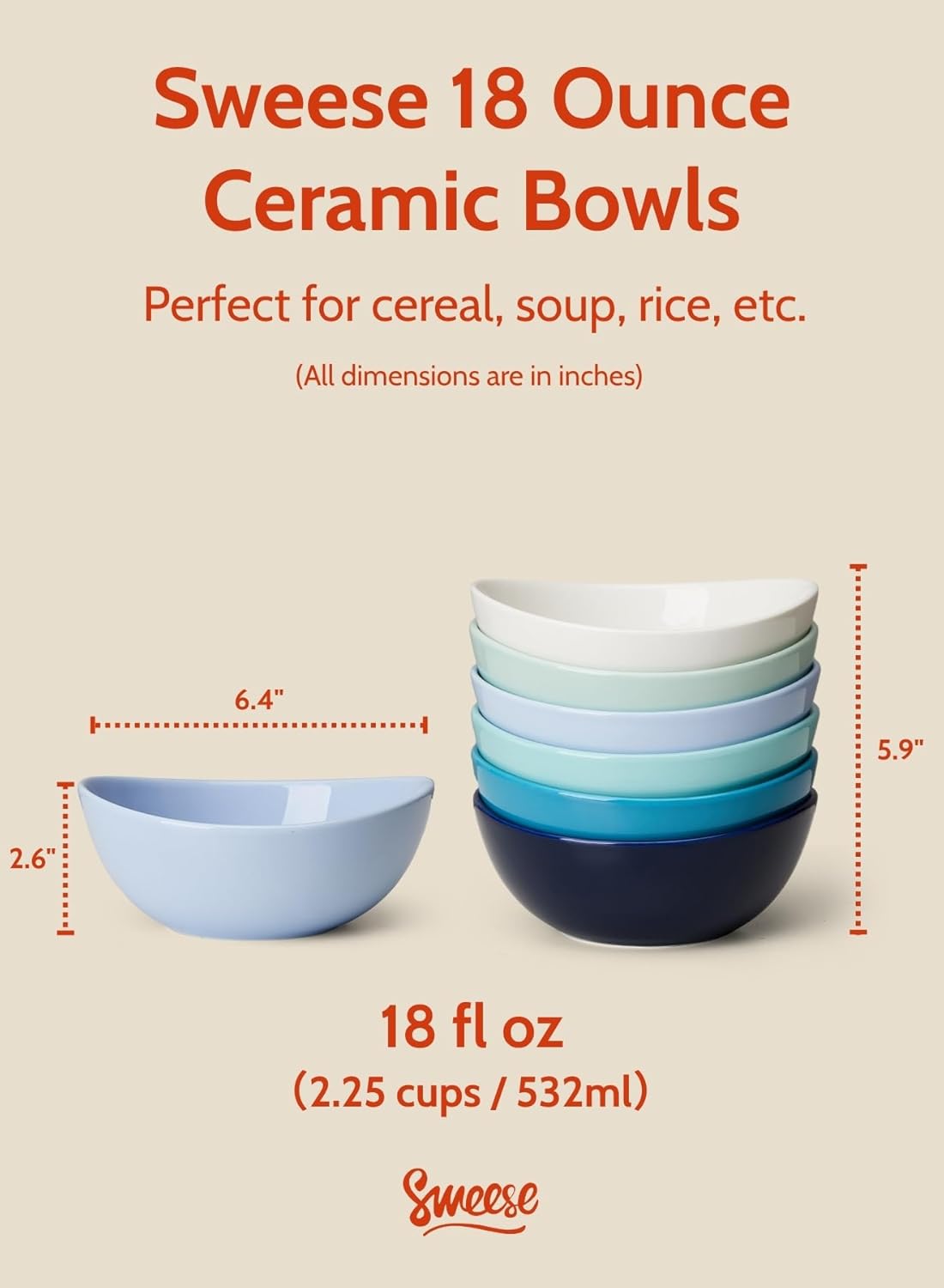 Sweese 18 oz Porcelain Bowls Set - 6 Inch, Set of 6, Multi-Color for Cereal, Soup, Salad - Microwave Dishwasher Safe