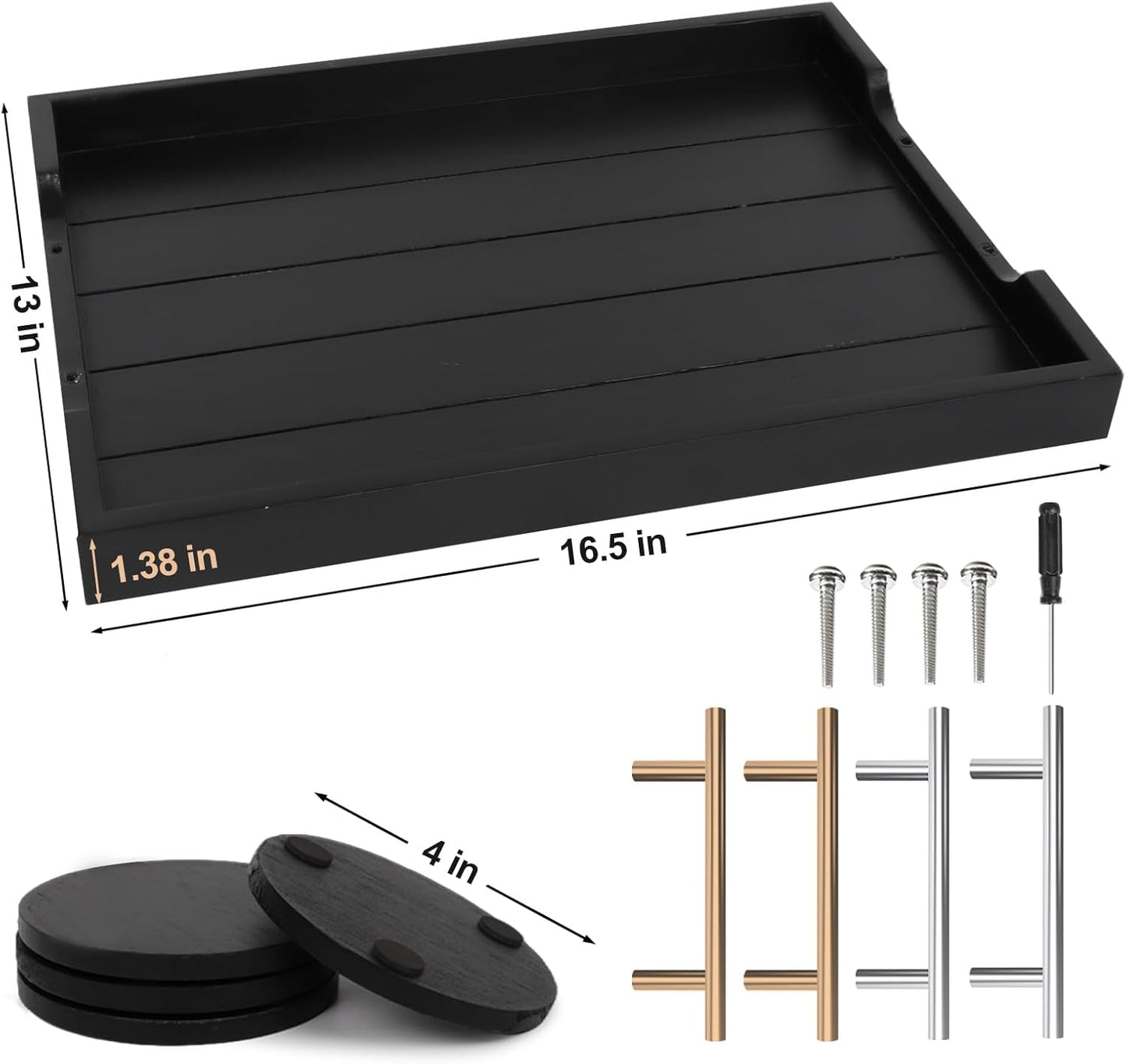 Coffee Table Trays - Large Ottoman Tray for Living Room - Wood Serving Trays with Handles(2 Sets) - Wooden Tray for Coffee Table, 4 Round Coasters Included, Black